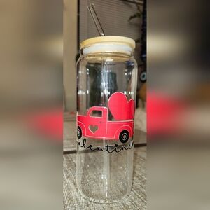 Hand Crafted Red Heart Truck Glass Tumbler With Bamboo Lid And Glass Straw